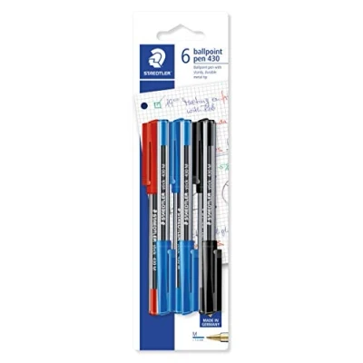 Abbildung von STAEDTLER 430 MSBK6D stick Kugelschreiber Linienbreite M, 0.45 mm, Kappe und Clip in Schreibfarbe, 6 Stück auf Blisterkarte