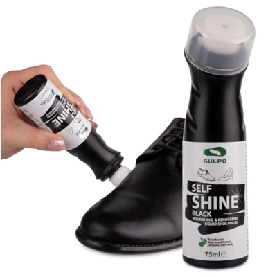 Abbildung von SULPO Express Schuhcreme Schwarz Schuhglanzpolitur Lederpflege Schupolitur mit Schwamm Applikator Schuhputzmittel Self Shine Liquid Shoe Cream 75ml halb deckend