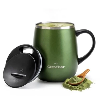 Abbildung von GRANDTIES Isolierter Kaffeebecher mit Griff Schiebedeckel für spritzwassergeschützte 473 ml Form Thermosbecher doppelwandigem Vakuum Edelstahl, hält Getränke heiß &amp; kalt grün metallic