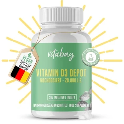 Abbildung von Vitabay Vitamin D3 Depot 20.000 I.E. 365 Vegane Tabletten D Hochdosiert 20000 Kapseln Vit