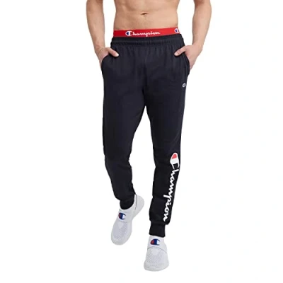 Abbildung von Champion Herren Joggers, Lightweight Lounge, Jersey Graphic Pants for Men, 31&quot; Trainingshose, Marineblaue Schrift, Klein