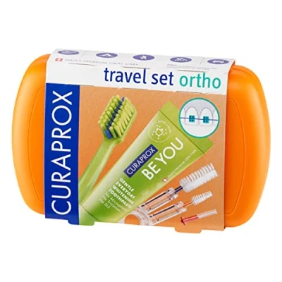 Abbildung von Curaprox travel Set Ortho orange, toothbrush, interdental brush, toothpaste 10ml, box