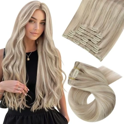 Abbildung von Moresoo Clip in Extensions Echthaar, Salon Qualität Weiches Glattes Haar 50 cm 7 Stück 120g Echthaar #18/613 Aschblond mit Platinblond, Leicht zu Tragen Solide und Langlebig 20 Inch