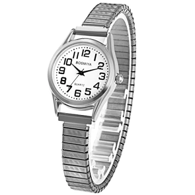 Abbildung von JewelryWe Uhren Damen Elastisch Edelstahl: Klassische Einfache Analog Quarz Armbanduhr Frauen Silber Edelstahl Stretch Armband Business Freizeit Uhr Damenuhr mit großen arabischen Zahlen Zifferblatt