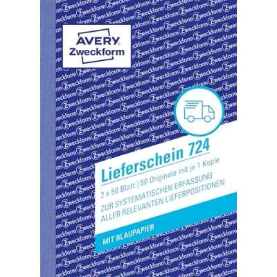 Abbildung von AVERY Zweckform 724 Lieferschein (A6, 2x50 Blatt, mit einem Blatt Blaupapier und blanko Durchschlag, zur systematischen Erfassung aller relevanten Lieferpositionen) weiß, 1 Stück
