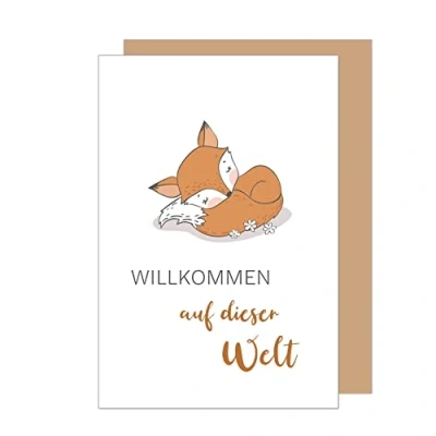 Abbildung von Edition Seidel Premium Glückwunschkarte zur Geburt mit Umschlag. Karte Babykarte Ereigniskarte Grusskarte Willkommen auf dieser Welt Fuchs Ereignis Mädchen Junge (E266 SW023)