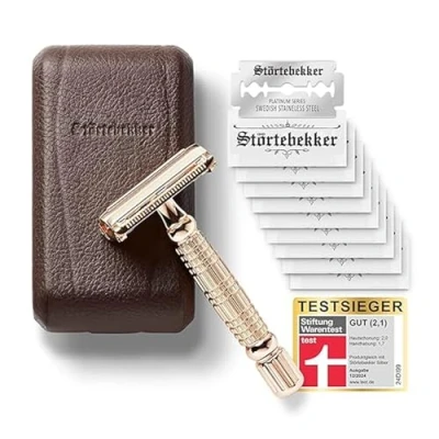 Abbildung von Störtebekker® Premium Rasierhobel &quot;Hamburg&quot; im handgefertigten Leder Etui Rasier Set mit 10 Rasierklingen, Reise &amp; eingebautem Spiegel Nassrasierer Vintage Look 2 seitigem Klingenkopf