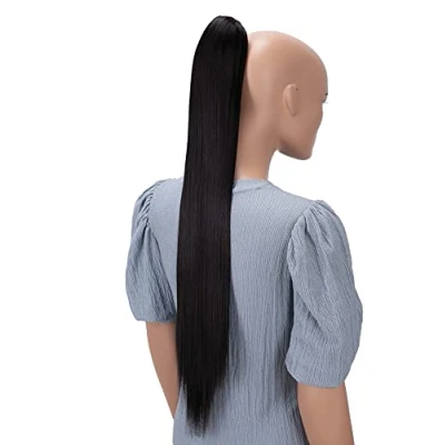 Abbildung von CAISHA 70cm Extralang Clip On Haarteil Zopf Pferdeschwanz Hitzebeständig Synthetik Glatt Schwarzbraun H158