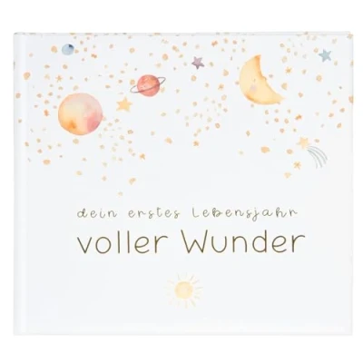 Abbildung von goldbuch 50 498 Babytagebuch Voller Wunder Weltraum Weiß, Erinnerungsalbum mit 100 illustrierten Seiten, Einband Goldprägung und einem Nachthimmel als Motiv, Babyalbum ca. 24,5 x 22,5 3,5 cm
