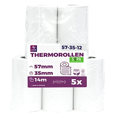 Abbildung von Ec Cash Thermorollen 57mm x 14m 12mm Kassenrollen Thermopapier Bonrollen für Bankomat Kredit Kartenlesegeräte (57x35x12) mit SEPA Lastschrifttext (5 Rollen)