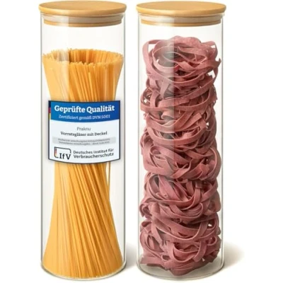 Abbildung von Praknu Vorratsdosen mit Deckel für Spaghetti 2er Set Luftdicht Holzdeckel Spülmaschinenfest Hoch 30cm Aufbewahrung