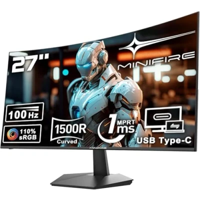 Abbildung von Minifire Curved Monitor 27 Zoll 100Hz, PC Bildschirm mit Lautsprecher 1500R FHD (1920 x 1080p) VA Panel, MPRT 1ms, sRGB110%, Less Blue Light, HDMI 1.4, Type C 2.5W, unterstützt VESA Schwarz