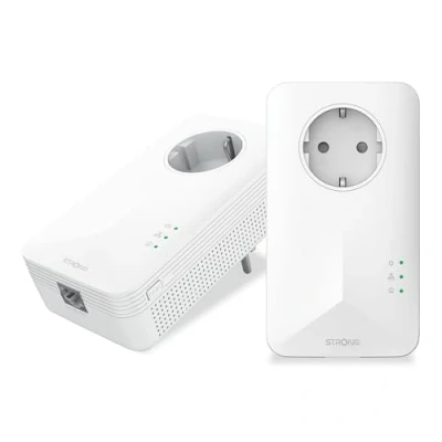 Abbildung von STRONG Powerline 1000 Duo EU Set 2 Adapter Mbps Fast Internetzugang integrierte Steckdose 300 m Reichweite Für alle Router LAN Anschluss Easy Installation weiß