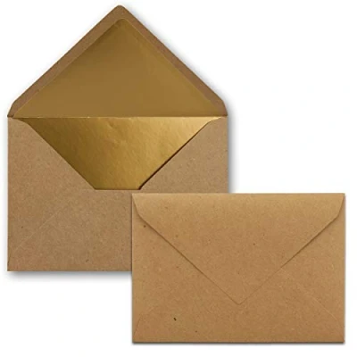 Abbildung von Kuverts in Kraftbraun 10 Stück Brief Umschläge DIN C6 11,4 x 16,2 cm Naßklebung Gold Metallic Fütterung ohne Fenster für Einladungen
