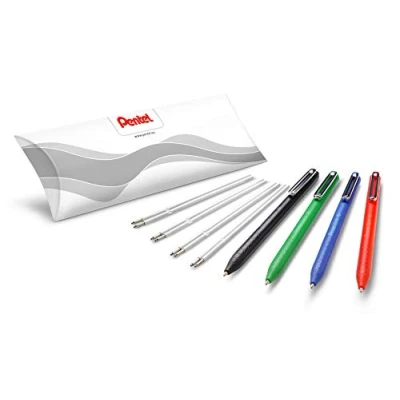 Abbildung von Pentel BX470 iZee Kugelschreiber 4 Farben Set inkl Nachfüllminen, farblich sortiert, Gehäusefarbe entspricht Schreibfarbe, Druckmechanik, Metallclip, Strichstärke 0,5 mm = Kugeldurchmesser 1,0