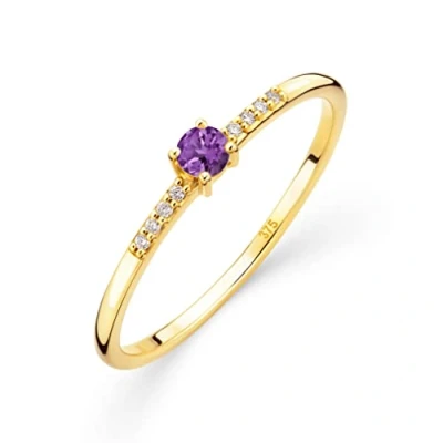 Abbildung von OROVI Damen Goldschmuck, Gold Ring, Solitaire Amethyst und 8 Diamanten 0.03 ct., Verlobungsring, Edelsteine, Geburtsstein, 9 Karat (375) Gelbgold