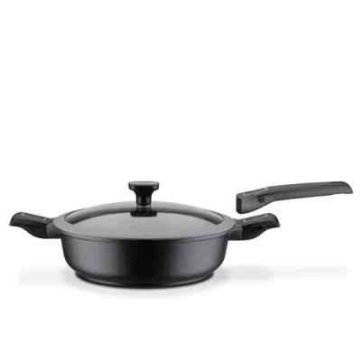 Abbildung von GSW 167833 Easy Click Schmorpfanne mit Glasdeckel, 1 abnehmbarer Stielgriff / 2 abnehmbare Seitengriffe, Aluminium, schwarz ⌀28 cm