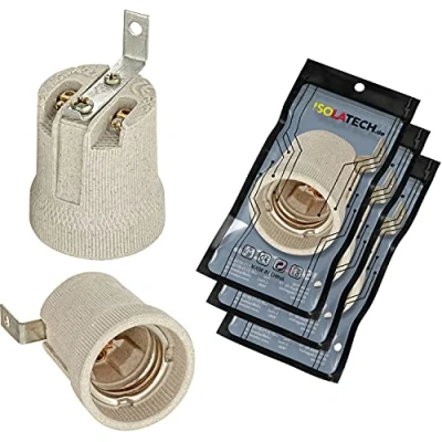 Abbildung von ISOLATECH 3Stk E27 grau Keramik Fassung mit Befestigungswinkel/Außenbügel (max.250V/4A) Leuchtmittel für Home Decke Installation Badezimmer Küche Kühlschrank Sockel Halterung einbauen