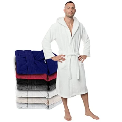 Abbildung von Twinzen Bademantel 100% Baumwolle Kapuze für Herren Oeko TEX Zertifiziert Morgenmantel 2 Taschen, Gürtel und Schlaufe zum Aufhängen Weich, Saugfähig Bequem, L, Weiß