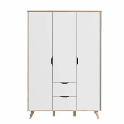 Abbildung von FORTE VANKKA Schrank 140 200, Kleiderschrank 2 Schubladen, Schlafzimmerschrank Jugendzimmerschrank, Kinderzimmer Skandinavisch 3 türig Weiß / Planked Eiche, 139 cm breit x 201.5 hoch 53 tief