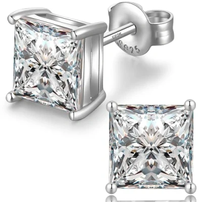 Abbildung von Weißgold Ohrringe Herren Quadratische Diamant Ohrstecker Quadrat Männer Silber Ohrring Platz 8mm
