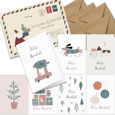 Abbildung von the lazy panda card company Weihnachtskarten mit Umschlag 30er Set auf Spanisch A6 Klappkarten