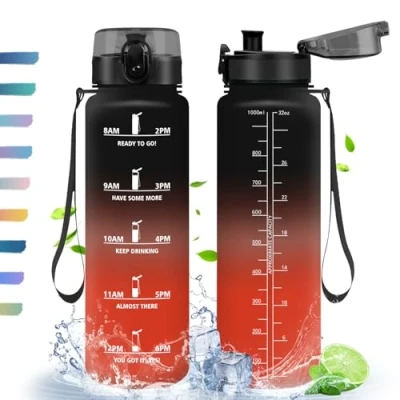 Abbildung von Trinkflasche, 1L, Trinkflasche Sport, mit Zeitmarkierung, Filter, Auslaufsichere BPA Frei, Wasserflasche für Fitness, Yoga, Schule, Büro