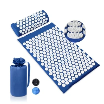 Abbildung von BULZEU Akupressurmatte mit Kissen,Akupressur Set gegen Nacken und Rückenschmerzen,Akupunkturmatte Acupressure Mat Massagematte zur Wohltuenden Entspannung Massage,mit 2 Massagebälle(Blau)