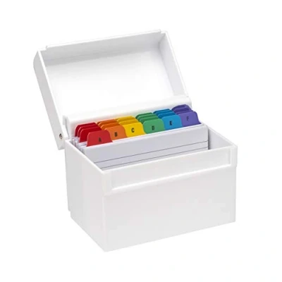Abbildung von OSCO Weißer Hochglanz Kunststoff Karteikasten, regulär, Trennblätter von A bis Z, 100 linierte Notizkarten im Lieferumfang enthalten (15,2 x 10,2 cm), Revisionskarten, Rezept Notizen,