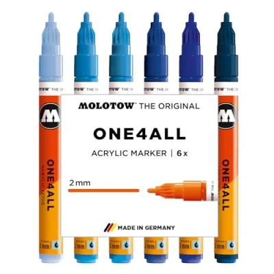 Abbildung von Molotow One4All 127HS Acryl Marker Blue Set (2,0 mm Strichstärke, hochdeckend und permanent, schnell trocknend, nachfüllbar, für fast alle Untergründe) 6 Stück sortiert