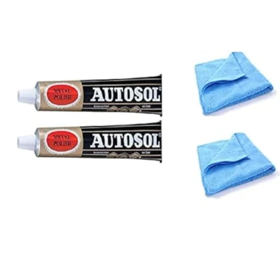 Abbildung von Solvol Autosol Metall Politur und 2 Mikrofaser Reinigungstücher, für Chrom Aluminium, x 75 ml Tuben