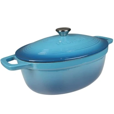 Abbildung von VeoHome Schmortopf aus emailliertem Gusseisen, blau, 6 l, oval, sehr widerstandsfähig, für Induktion/Gas/Ofen, gleichmäßiges Kochen, authentische Aromen, Deckel Relief