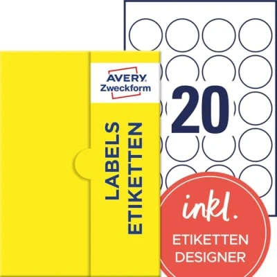 Abbildung von AVERY Zweckform P3413 100 runde Etiketten (2.000 Klebepunkte, Ø45mm auf A4, Aufkleber zum Bedrucken, selbstklebende Produktetiketten, permanent haftende Marmeladenetiketten) Blatt, weiß