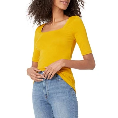 Abbildung von Amazon Essentials Damen Halbarm T Shirt mit eckigem Ausschnitt in schmaler Passform, Dunkelgelb, XL