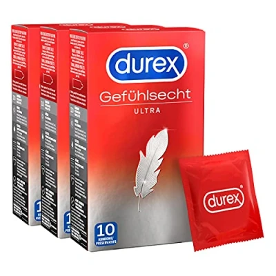 Abbildung von Durex Gefühlsecht Ultra Kondome 20 % dünnere Spitze, mit Silikongleitgel befeuchtet, transparent, angenehmer Geruch 10 Stück (3er Pack)