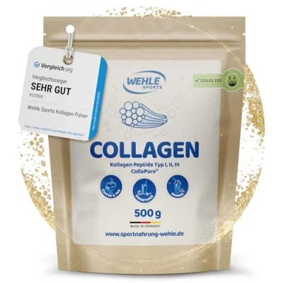 Abbildung von Collagen Pulver Bioaktives Kollagen Hydrolysat Peptide, Eiweiß Geschmacksneutral, Wehle Sports Made in Germany Typ 1, 2 &amp; 3 Lift Drink (500g (1er Pack))