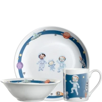 Abbildung von Leonardo Bambini Avventura Kinder Geschirr Set 3 teilig aus Porzellan Spülmaschinenfest, mikrowellengeeignet, robust 3er Schale, Tasse und Teller mit Motiv &quot;Weltall&quot;, 022799