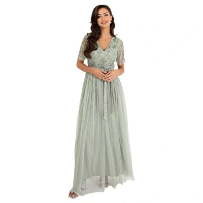 Abbildung von Maya Deluxe Damen Womens Maxi Dress Ladies Ball Gown for Wedding Guest Embellished Tie Waist V Neck Bridesmaid Prom Evening Occasion Kleid, Green Lily,