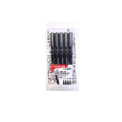 Abbildung von uni PIN Fineliner Stift Set, 5 Stück schwarze Tinte, verschiedene Federstärken 0,6 mm, 0,7 0,9 1,0 1,2 mm