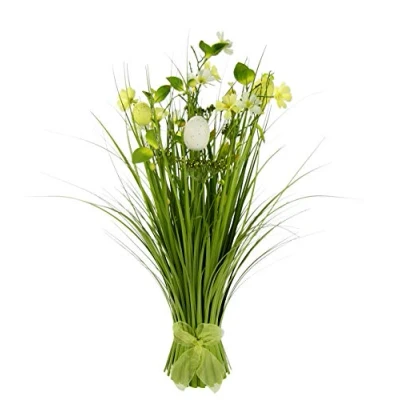 Abbildung von Grasbusch mit Blumen, Blüten, Eier und Schleife, Künstlicher Gras Bund stehend, Grasbündel, Dekogras, Kunstgras, Ziergras, Grasbüschel, Grasarrangement, Gräser, Schilf, Osterdeko, Frühjahrsdekoration