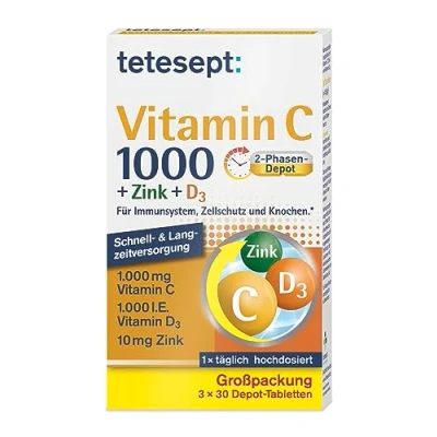 Abbildung von tetesept Vitamin C 1000 + Zink D3 Nahrungsergänzungsmittel zur Unterstützung des Immunsystems, dem Zellschutz und der Knochen Tabletten 3 x 30
