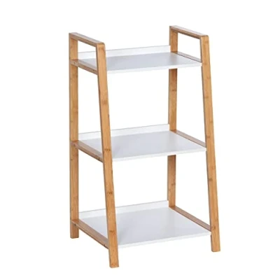 Abbildung von WENKO Regal Mod. Finja, dekoratives Wohnregal mit 3 Ablagen im nordischen Stil aus naturnahem Bambus kombiniert weißen Einlegeböden MDF, Standregal für den gesamten Haushalt, 43 x 76 36 cm