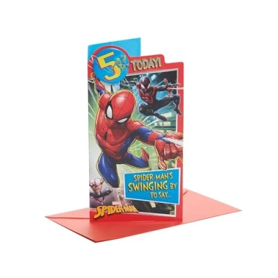 Abbildung von UK Greetings Marvel Geburtstagskarte zum 5. Geburtstag für Ihn/Jungen, mit Umschlag, Abzeichen Design, Spider Man