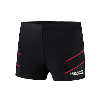Abbildung von Aqua Speed Boxer Badehose eng für Jungen + gratis eBook Wettkampf UV Schwimmhosen Slim Swimwear Boy Badepants 16. Schwarz Rot Gr. 122 Andy