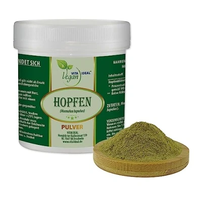 Abbildung von VITA IDEAL Vegan® HOPFEN BLÜTEN 300g PULVER Humulus Iupulus Tagesportion 660mg HOPFENBLÜTEN getrocknet &amp; gemahlen. Natürlich, pflanzlich ohne Zusatzstoffe. Inklusive Messlöffel.