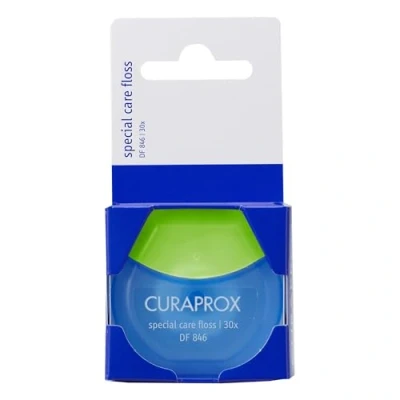Abbildung von Curaprox Zahnseide DF 846, special care floss, Implantatpflege, Curen Mikrofaser mit Einfädler, 30 Stück