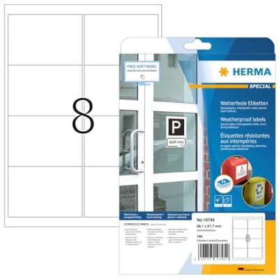 Abbildung von HERMA 10795 Wetterfeste Etiketten imprägniert, 20 Blatt, 99,1 x 67,7 mm, 8 pro A4 Bogen, 160 Stück, selbstklebend, bedruckbar, matt, blanko Outdoor Klebeetiketten aus Spezialpapier, weiß