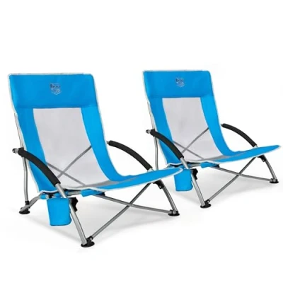 Abbildung von TIMBER RIDGE 2er Strandstuhl Klappbar leicht Campingstuhl Faltbar mit Niedrigen Stuhlbeinen Atmungsaktiver Netzstoffrückenlehne Blau 150kg belastbar