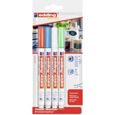 Abbildung von edding 4085 Kreidemarker rot, weiß, blau, grün (basic) 4 Kreidestifte Rundspitze 1 2mm Kreidestift für Tafel abwischbar Fenster, Glas, Spiegel Tafelstifte mit deckenden Farben