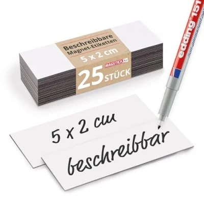 Abbildung von 25 beschreibbare Magnet Etiketten Magstick® I 5 x 2 cm weiß magnetische Beschriftungsfolie beschreibbar Streifen zum Beschriften mag075